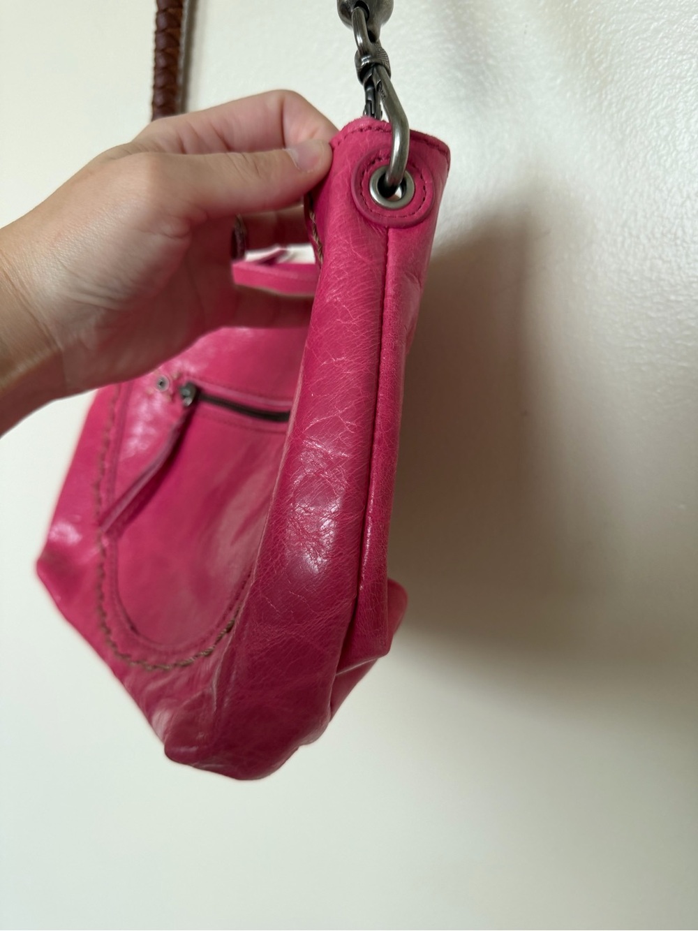 THE SAK Bright Pink Leather Woven Strap Hobo Shoulder Bag - Picture 6 of 11